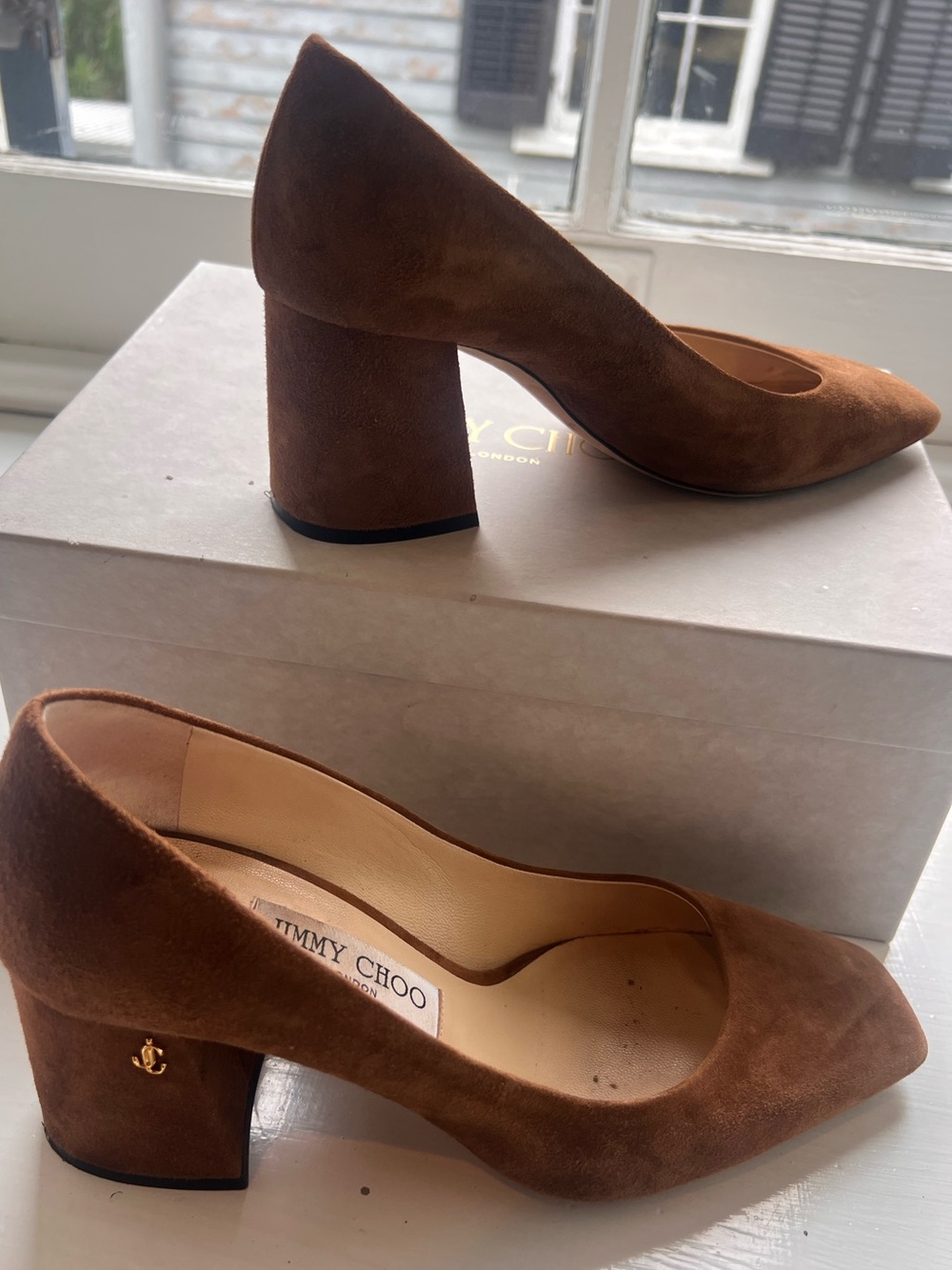 Jimmy Choo Brown Suede Block Heel Pumps